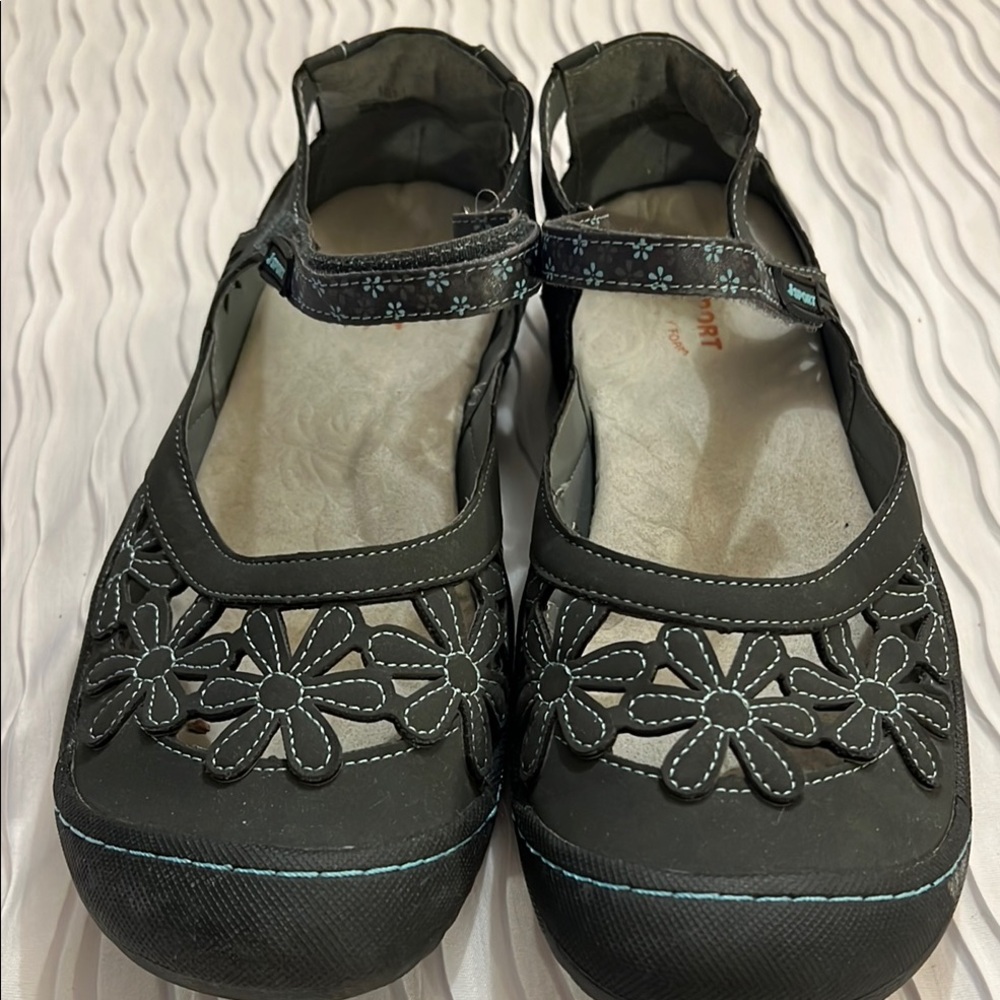 Black Floral Flats with Elastic Strap